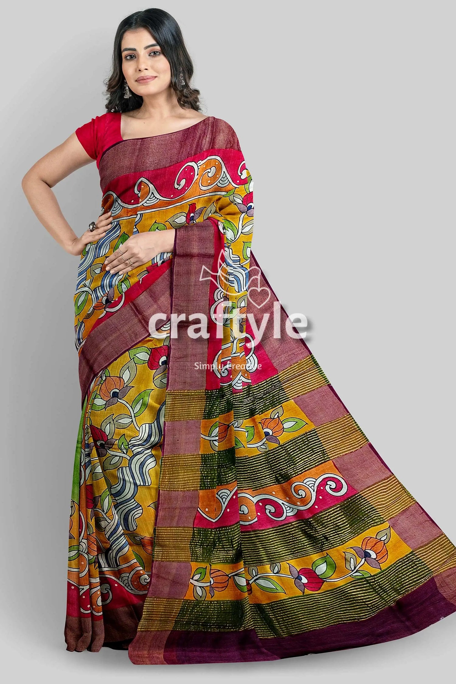 Floral hand painted zari border pure tussar kalamkari saree - indian ethnic wear woman colorful saree 5