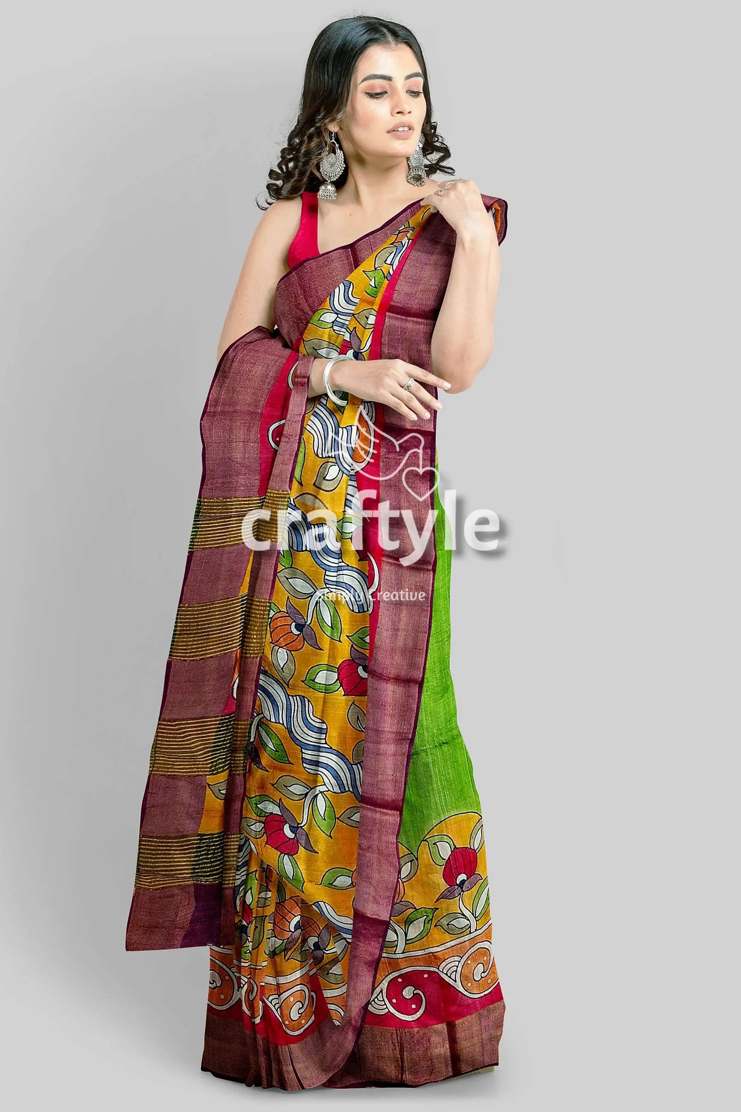 Floral hand painted zari border pure tussar kalamkari saree - indian ethnic wear woman colorful saree 2