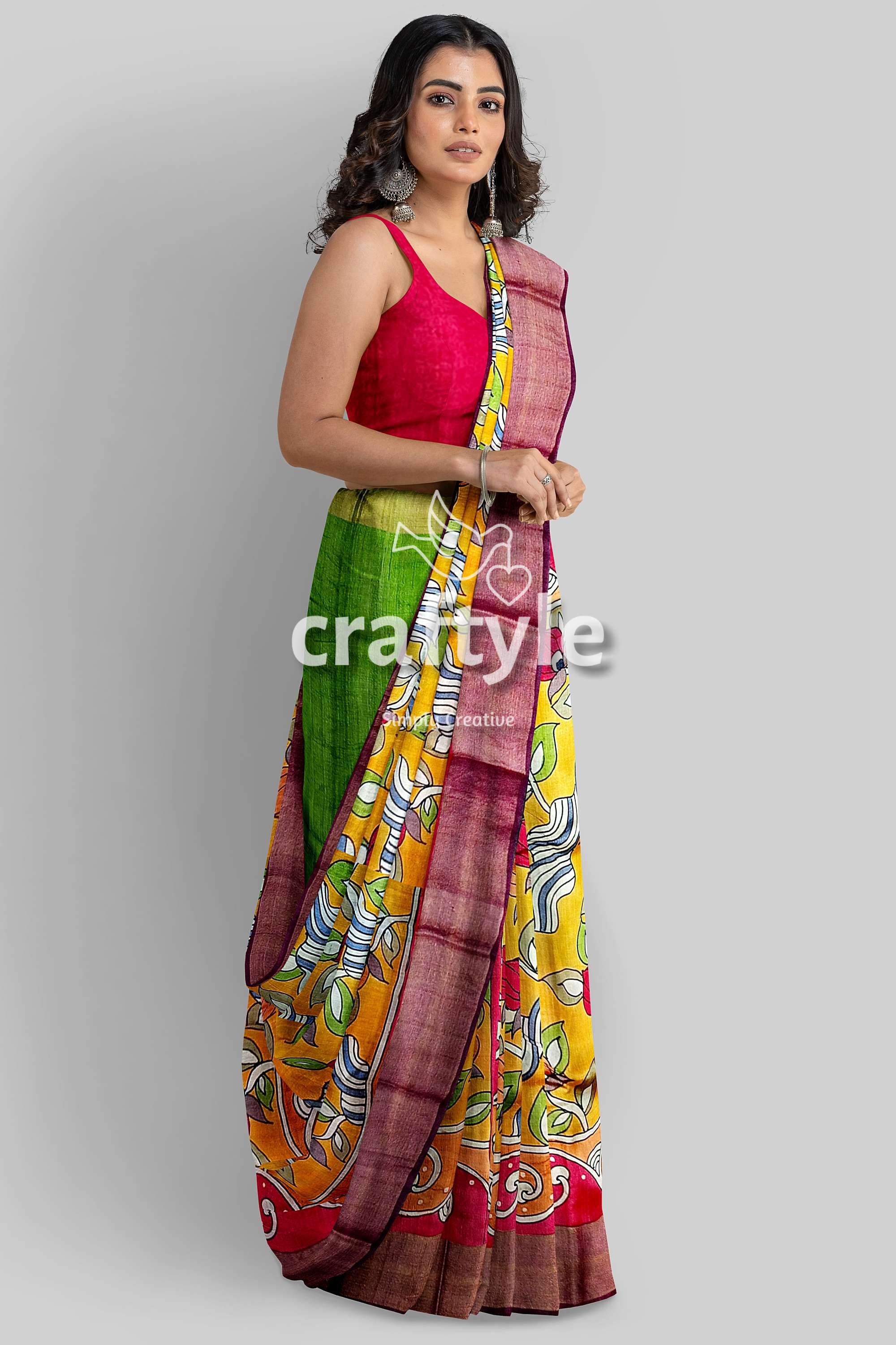 Floral Hand Painted Zari Border Pure Tussar Kalamkari Saree - Indian Ethnic Wear - Craftyle