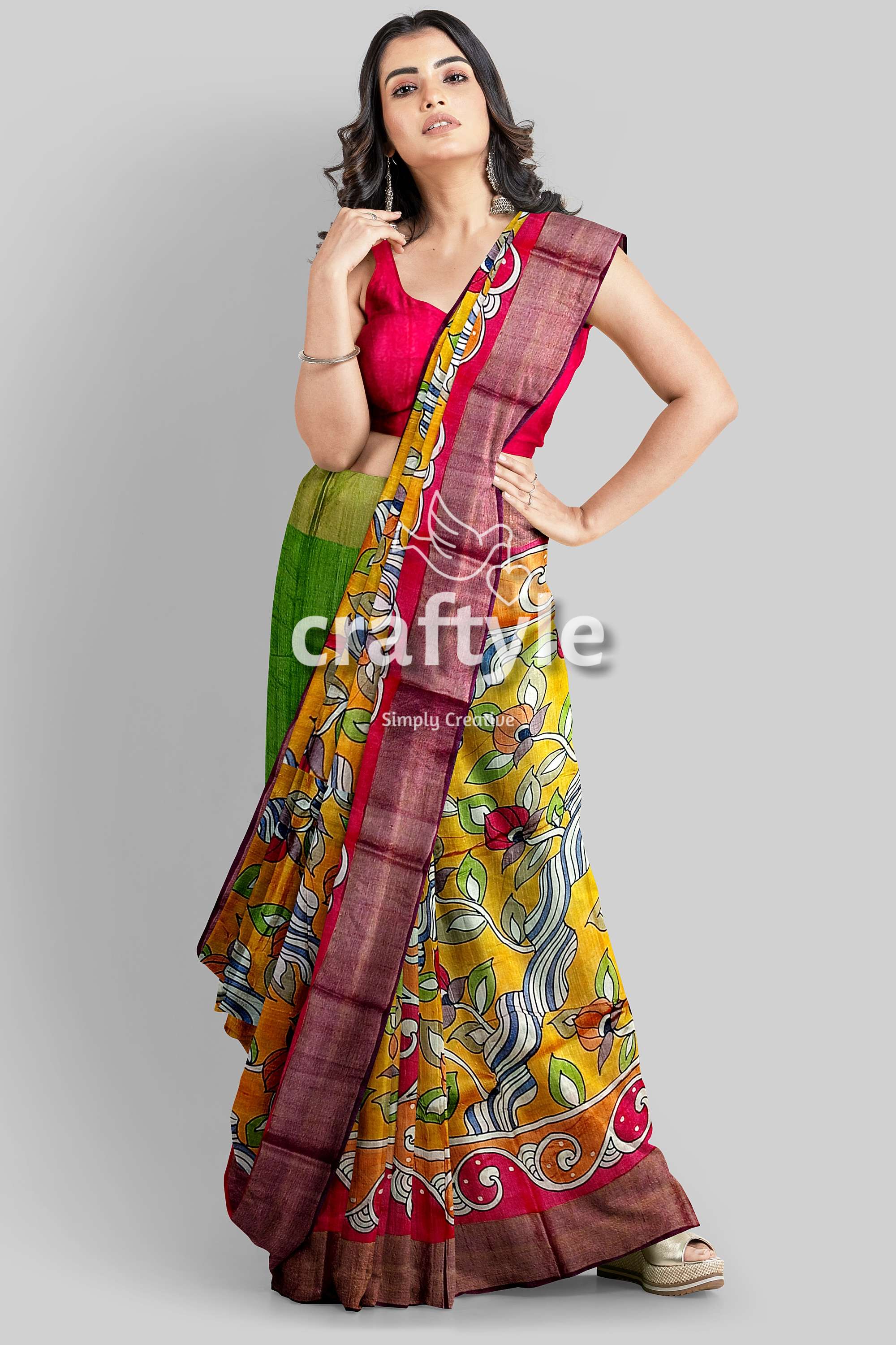 Floral Hand Painted Zari Border Pure Tussar Kalamkari Saree - Indian Ethnic Wear - Craftyle