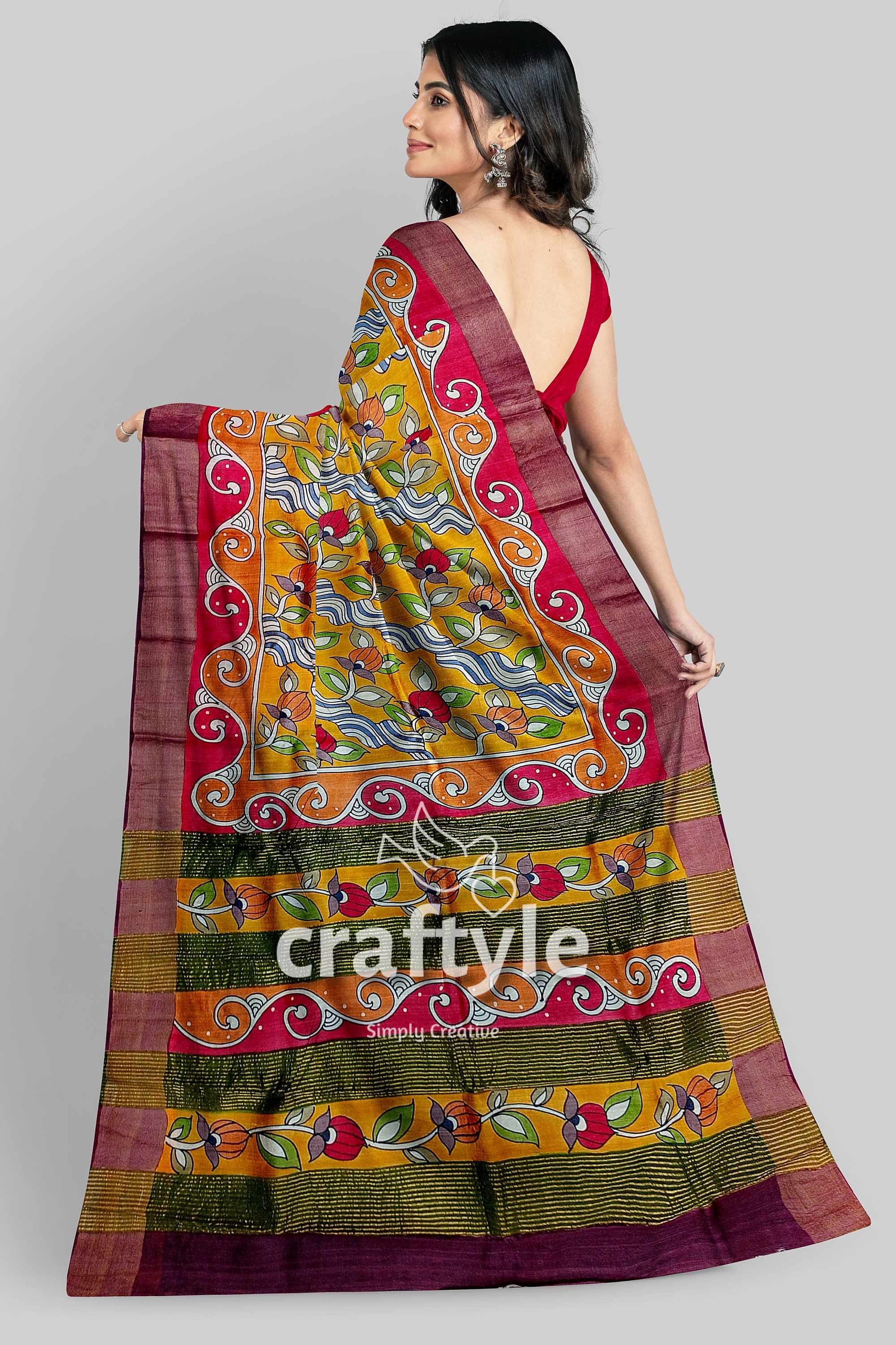 Floral Hand Painted Zari Border Pure Tussar Kalamkari Saree - Indian Ethnic Wear - Craftyle