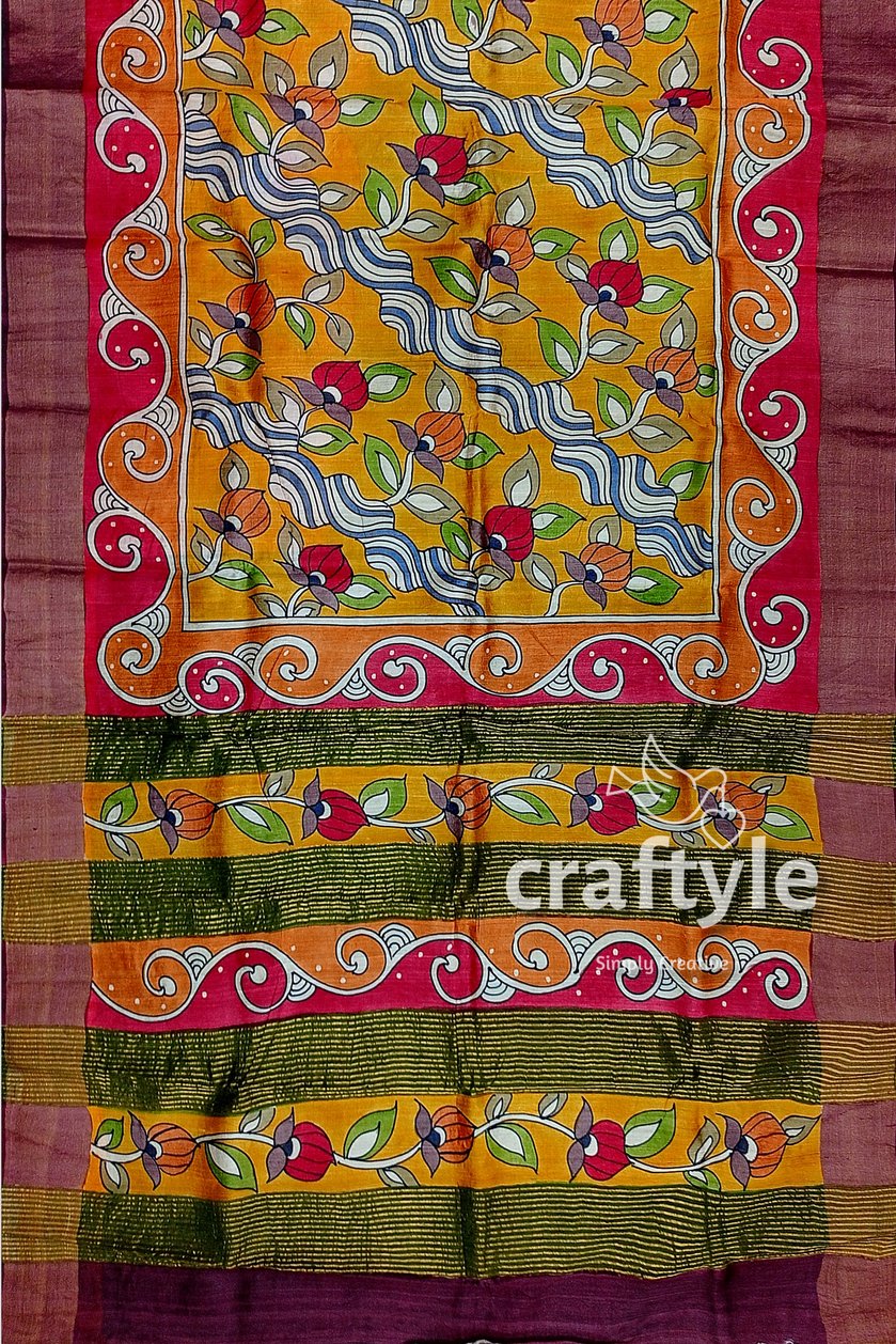 Floral Hand Painted Zari Border Pure Tussar Kalamkari Saree - Indian Ethnic Wear - Craftyle