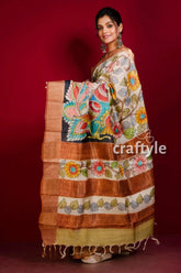 Floral kalamkari saree hand painted zari border - pure tussar silk floral-patterned saree brown border 3