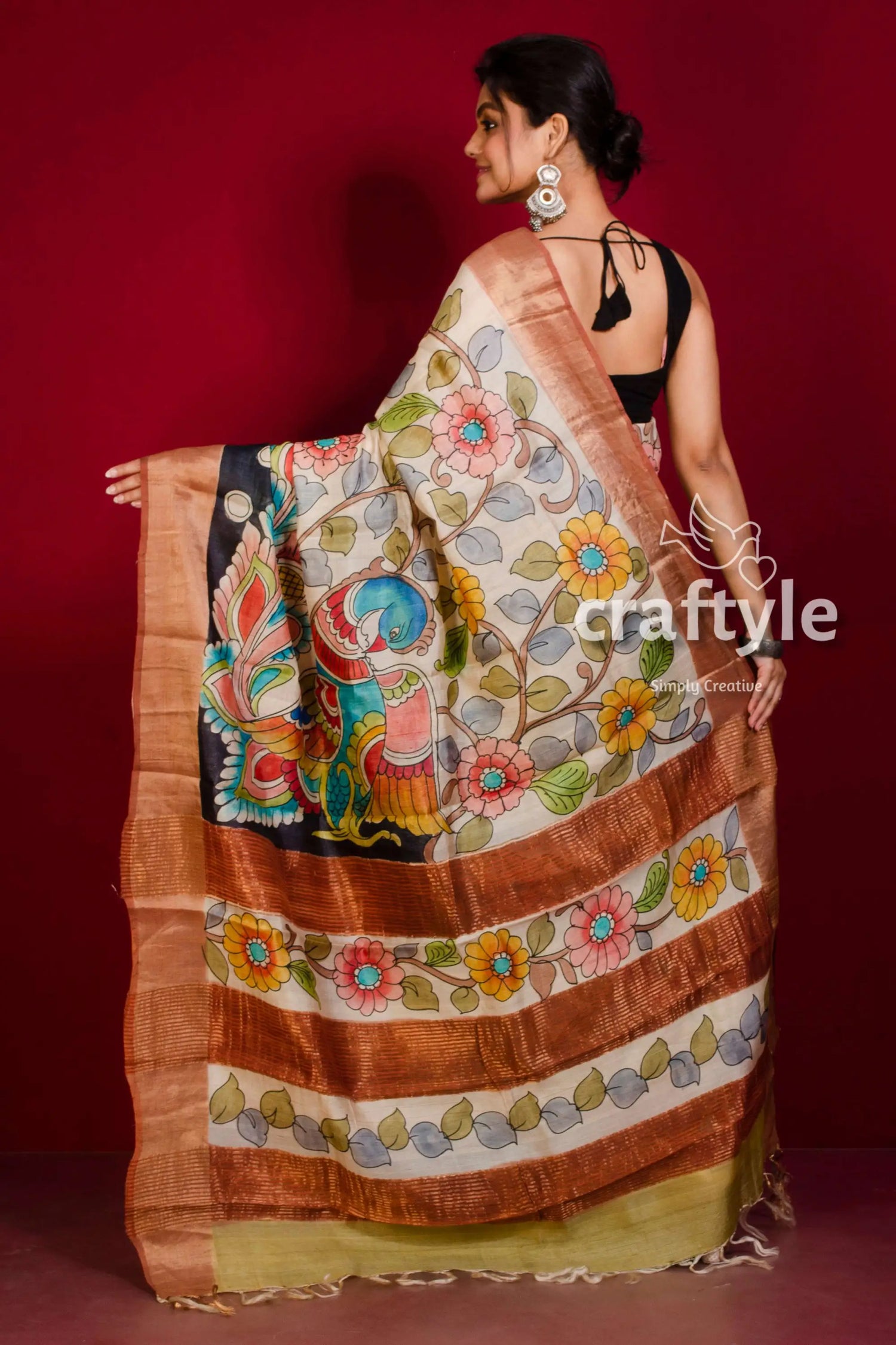 Floral kalamkari saree hand painted zari border - pure tussar silk woman hand-painted saree 4