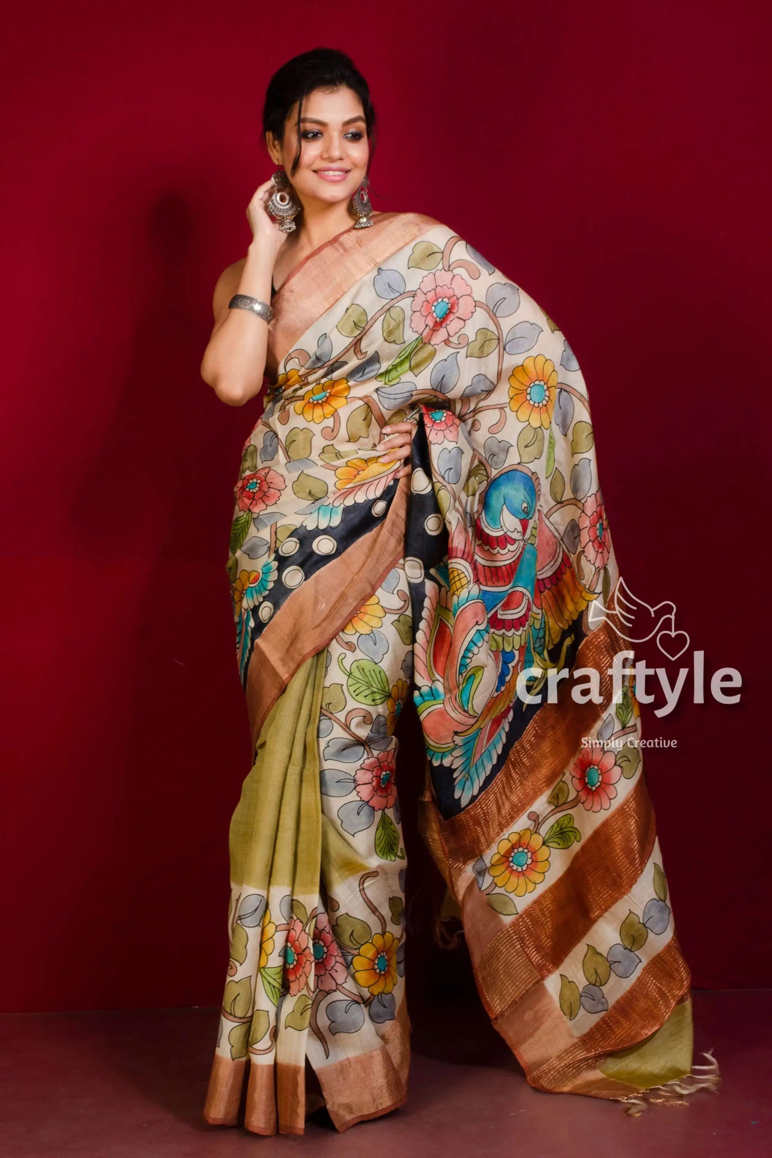 Floral kalamkari saree hand painted zari border - pure tussar silk woman painted saree 2