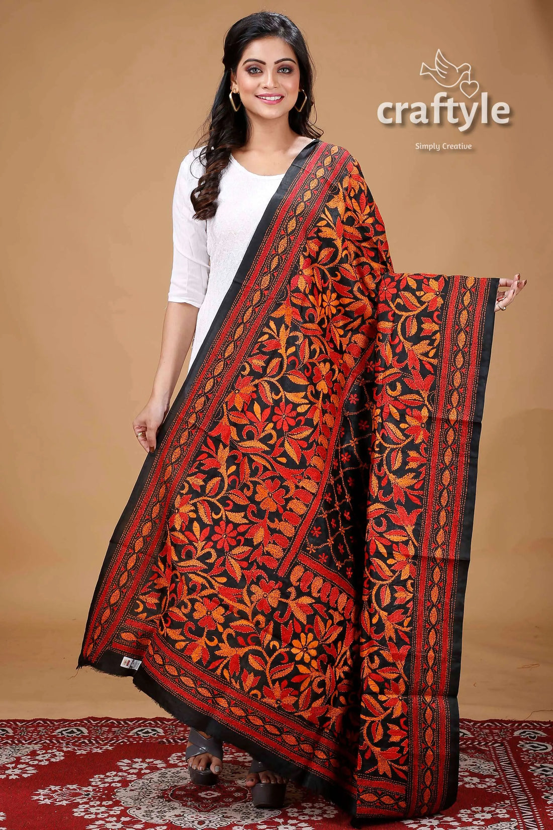 Floral motif black hand embroidered pure silk kantha dupatta shawl 1