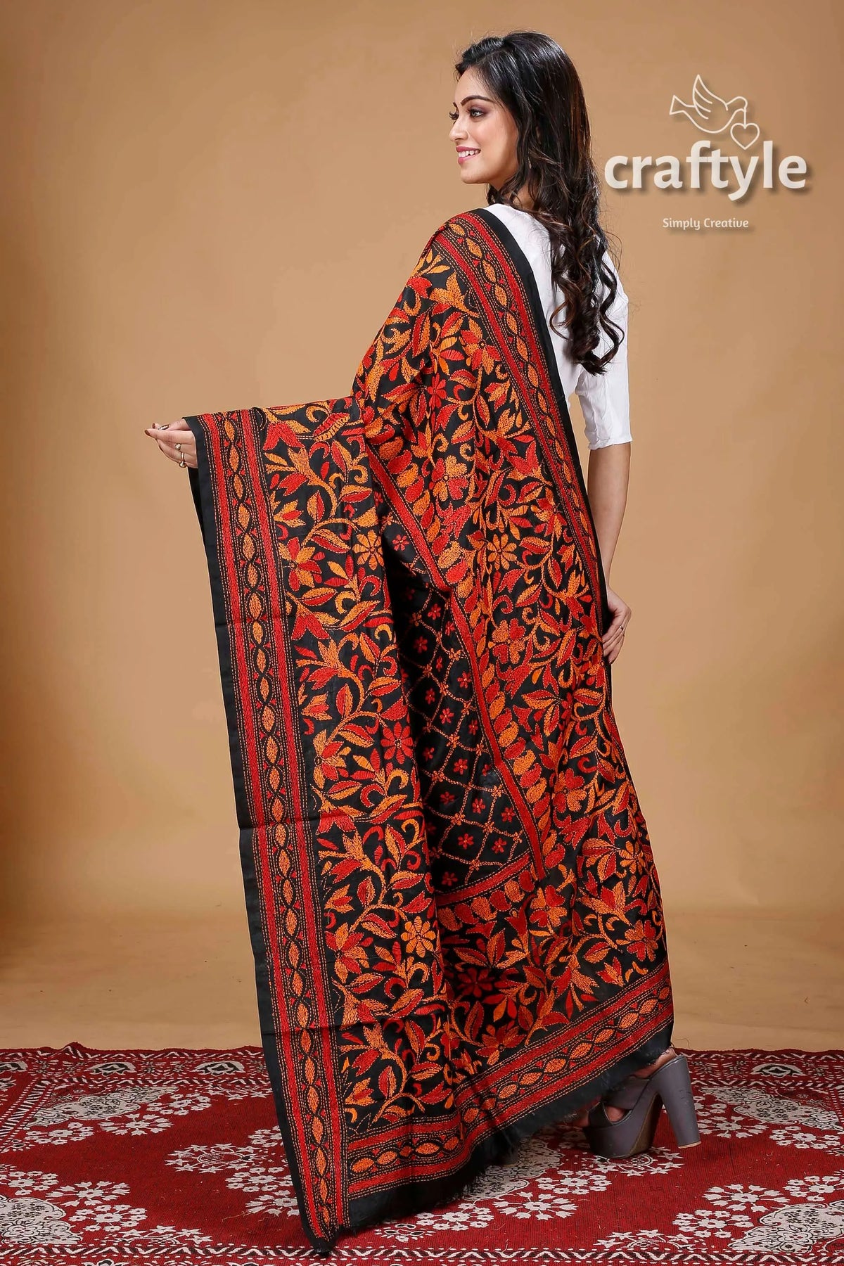 Floral motif black hand embroidered pure silk kantha dupatta intricate shawl 3