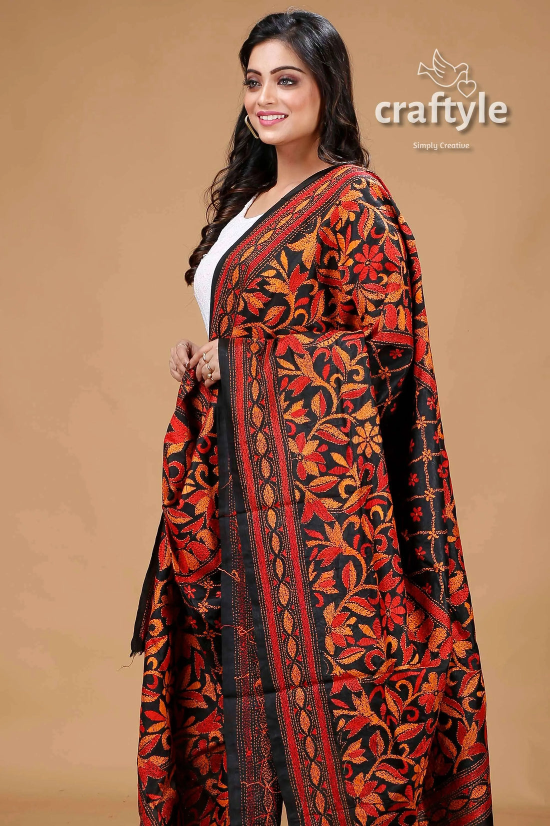 Floral motif black hand embroidered pure silk kantha dupatta shawl 2