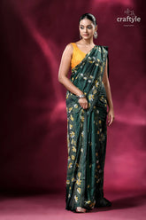 Floral motif bottle green silk kantha saree woman green floral saree 5