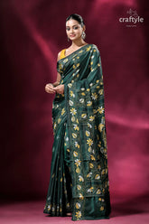 Floral motif bottle green silk kantha saree elegant green saree floral embroidery 1