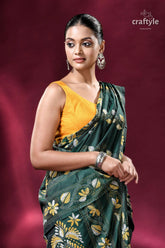 Floral motif bottle green silk kantha saree woman green yellow sari 2