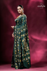 Floral motif bottle green silk kantha saree green floral patterned saree 3