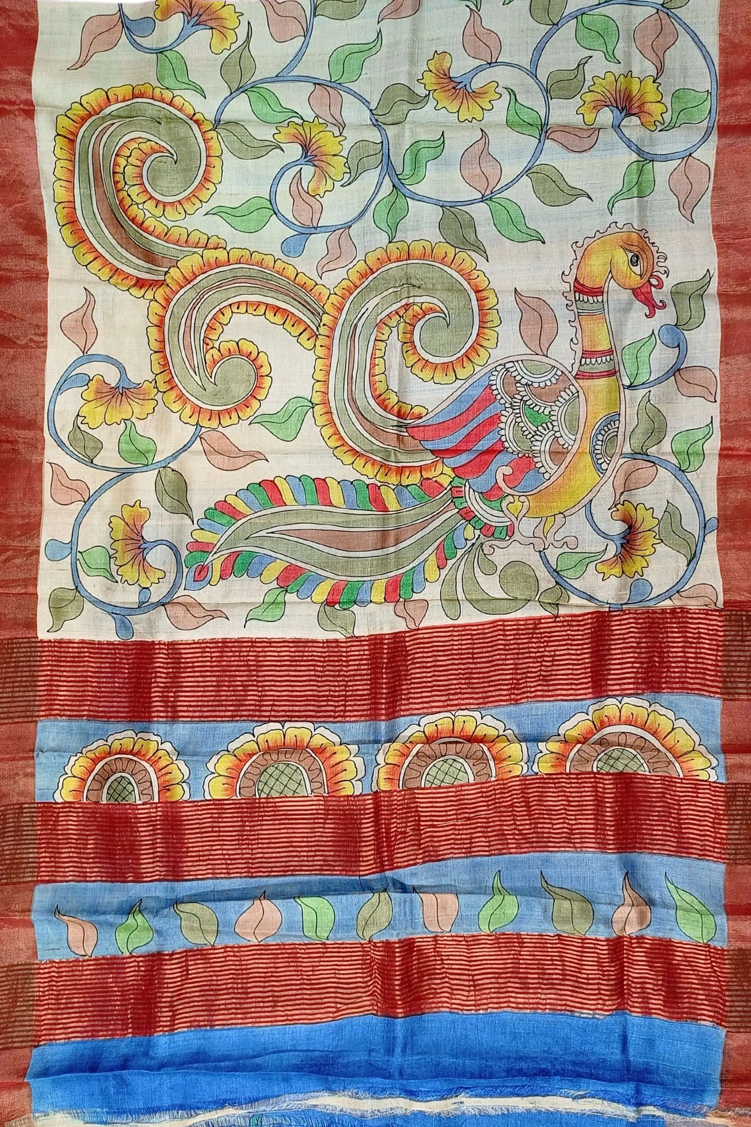 Floral motif handcrafted zari border pure tussar kalamkari sari hand-painted silk saree peacock floral 5