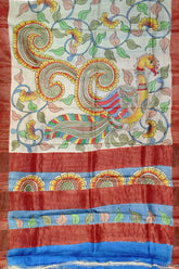 Floral motif handcrafted zari border pure tussar kalamkari sari hand-painted silk saree peacock floral 5