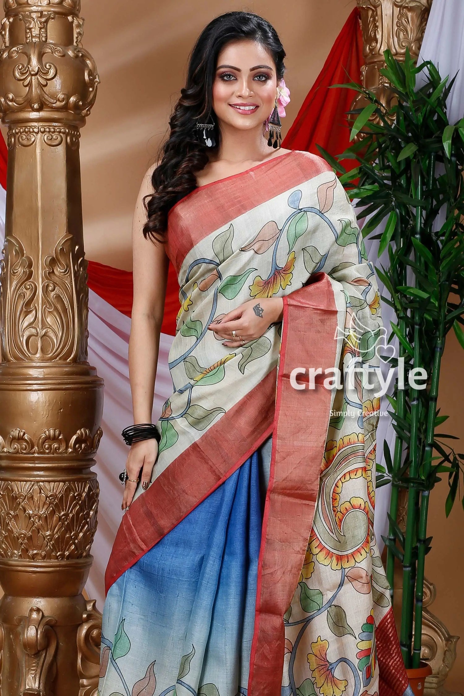 Floral motif handcrafted zari border pure tussar kalamkari sari floral-patterned saree red border 3