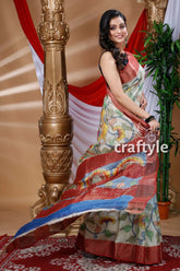Floral motif handcrafted zari border pure tussar kalamkari sari woman floral-patterned saree 2