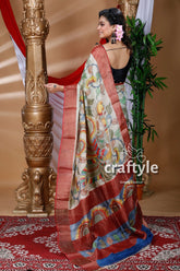 Floral Motif Handcrafted Zari Border Pure Tussar Kalamkari Sari - Craftyle