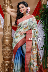 Floral motif handcrafted zari border pure tussar kalamkari sari floral-patterned saree red border 1