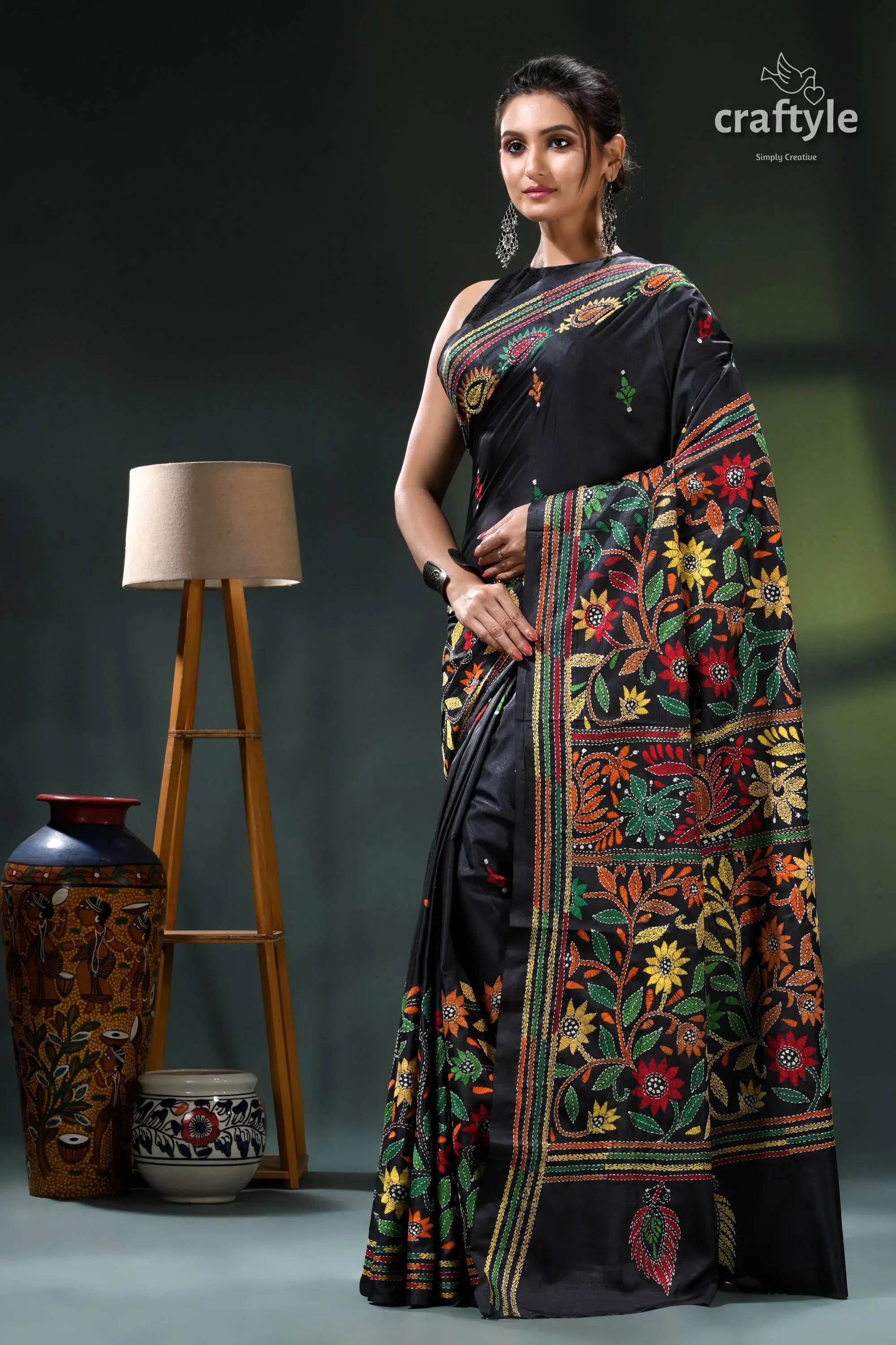 Floral motif jade black multicolor thread kantha silk saree black floral saree green red 3