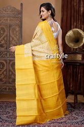 Floral motif pineapple yellow hand block print pure tussar silk saree yellow white saree 4