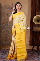 Floral motif pineapple yellow hand block print pure tussar silk saree yellow cream patterned saree 3
