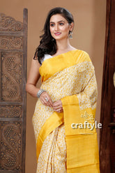 Floral motif pineapple yellow hand block print pure tussar silk saree yellow white patterned saree 2