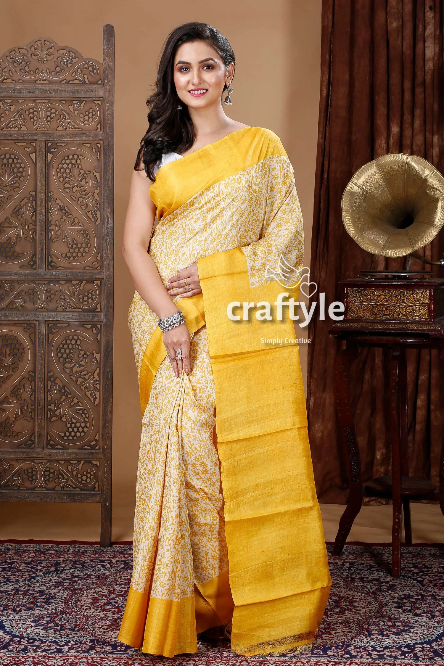 Floral motif pineapple yellow hand block print pure tussar silk saree woman yellow white saree 1