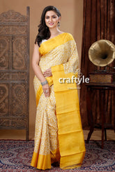 Floral motif pineapple yellow hand block print pure tussar silk saree woman yellow white saree 1