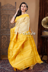 Floral motif pineapple yellow hand block print pure tussar silk saree yellow white saree 5