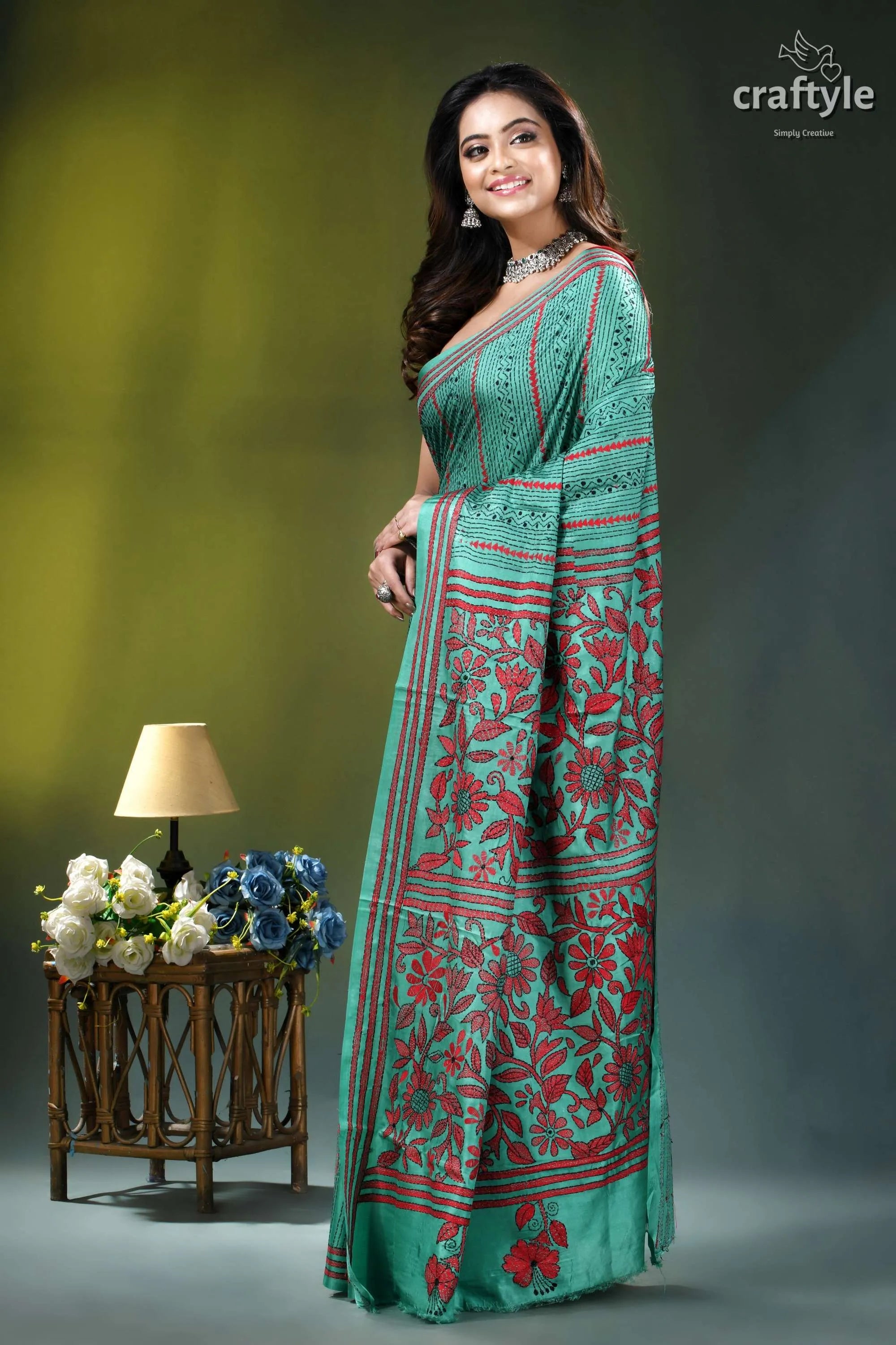 Floral motif silk kantha embroidery saree in light sea green teal red floral printed saree 3