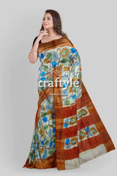 Floral pure tussar saree with zari border - handcrafted kalamkari work floral-patterned saree brown border 4