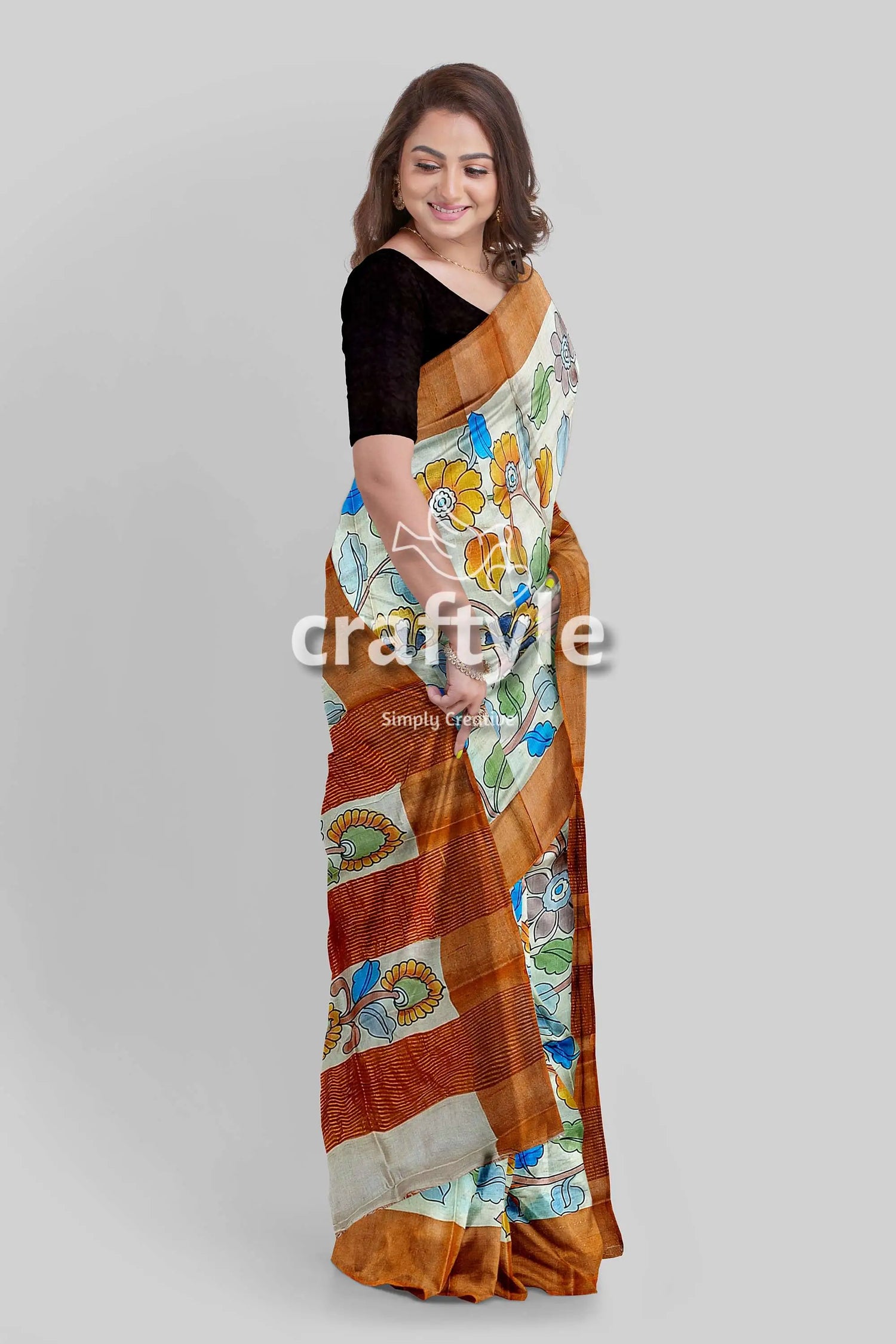 Floral pure tussar saree with zari border - handcrafted kalamkari work woman floral-patterned saree 3