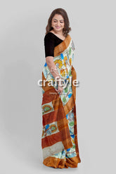 Floral pure tussar saree with zari border - handcrafted kalamkari work woman floral-patterned saree 3