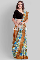 Floral pure tussar saree with zari border - handcrafted kalamkari work woman leaf-patterned saree 5