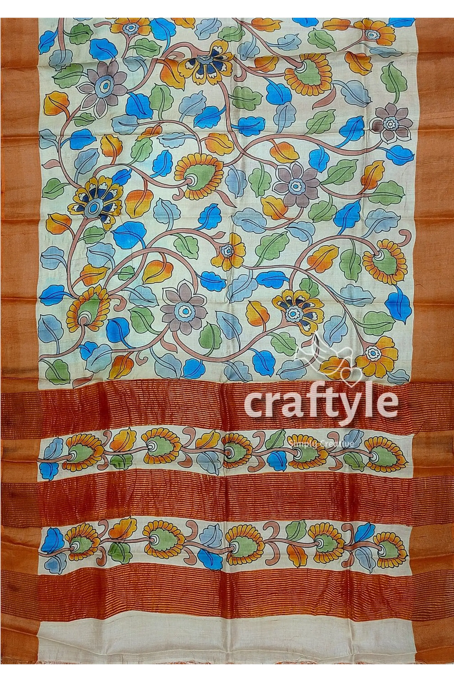 Floral pure tussar saree with zari border - handcrafted kalamkari work floral-patterned saree 7