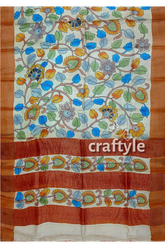 Floral pure tussar saree with zari border - handcrafted kalamkari work floral-patterned saree 7