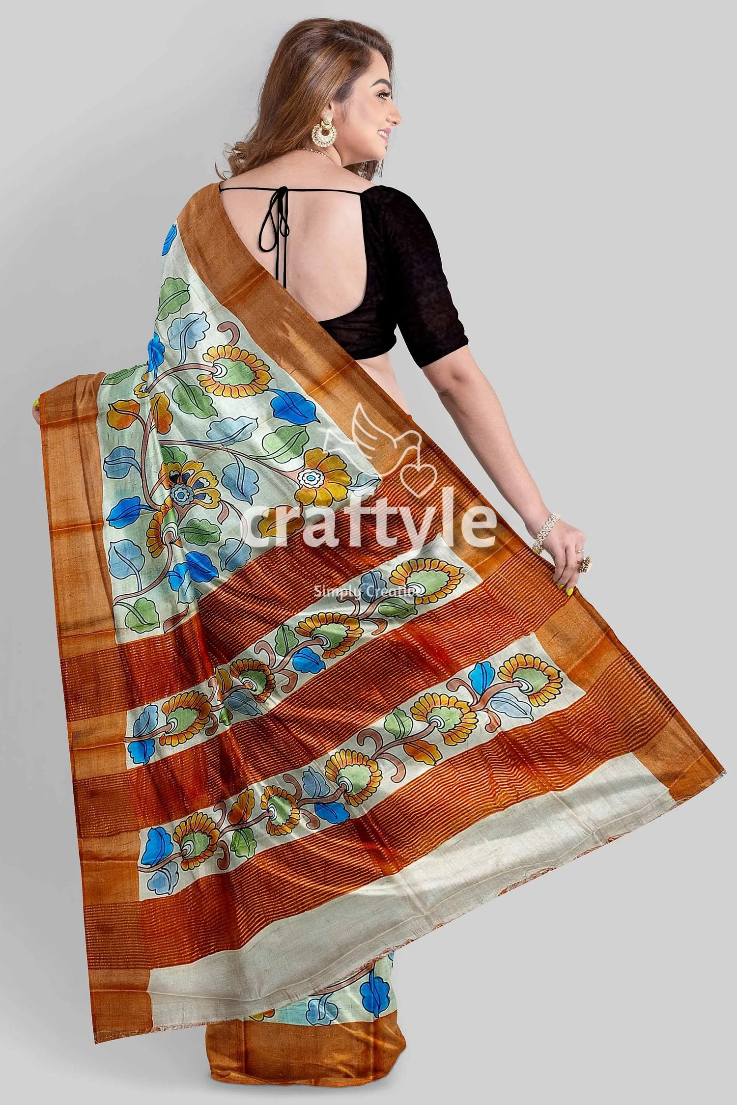 Floral pure tussar saree with zari border - handcrafted kalamkari work floral-patterned saree brown borders 6