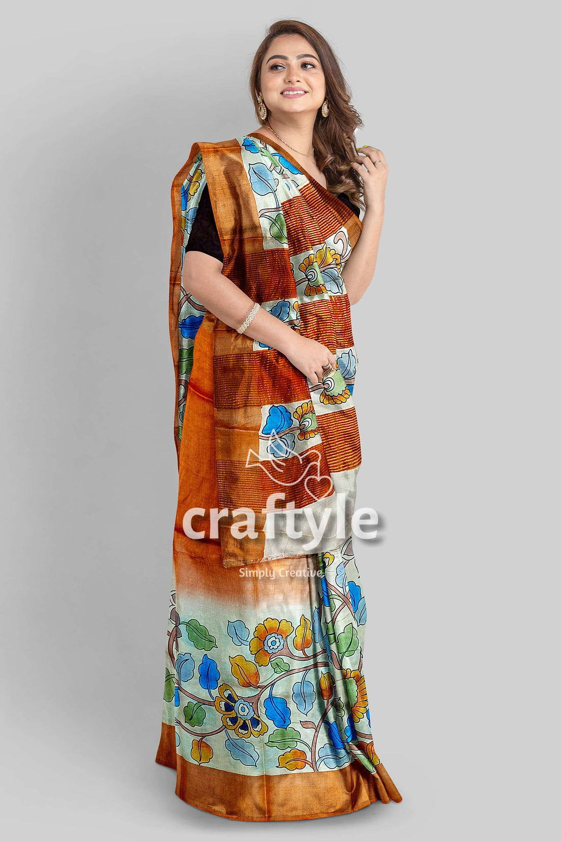Floral Pure Tussar Saree with Zari Border - Handcrafted Kalamkari Work - Craftyle
