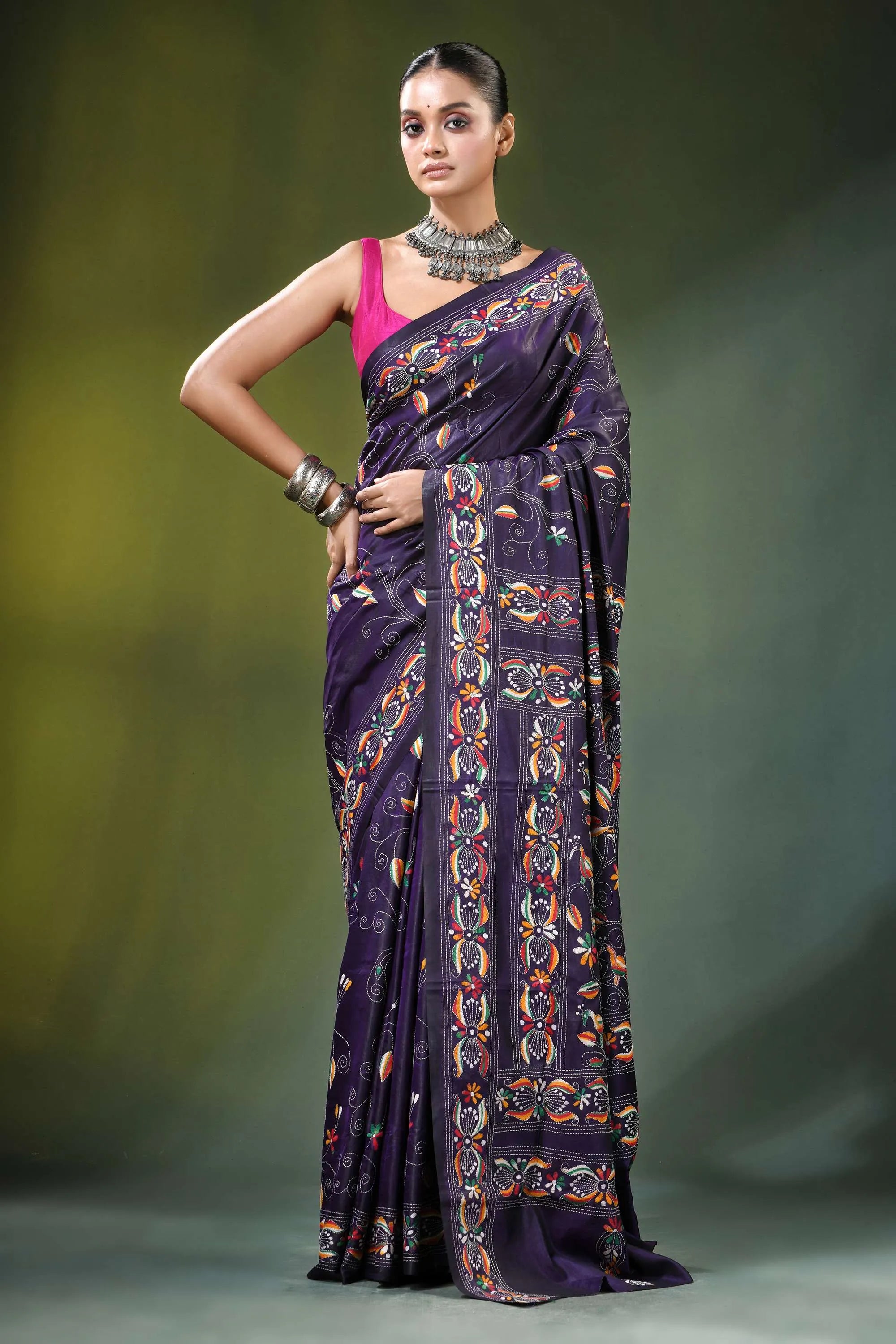 Floral vine hand embroidery silk kantha work saree in deep purple richly patterned 6