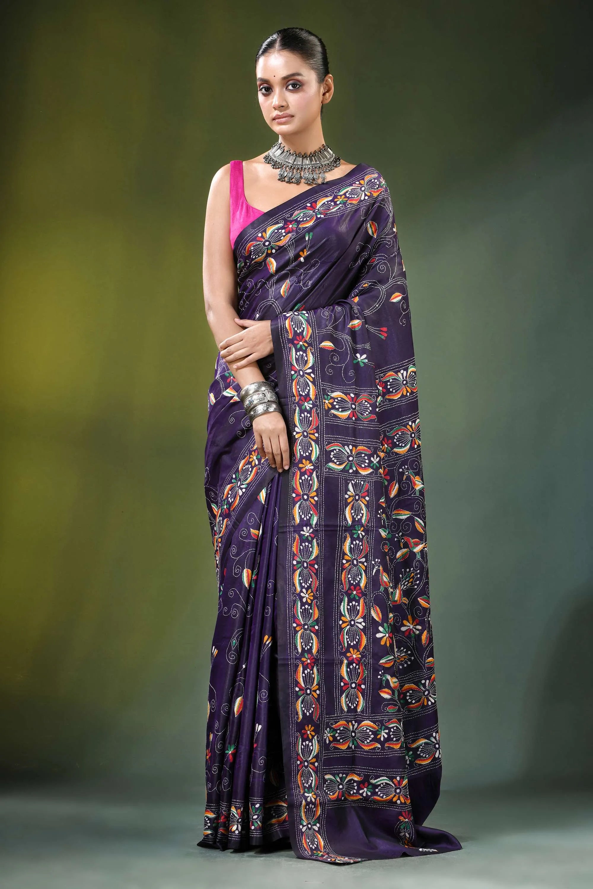 Floral vine hand embroidery silk kantha work saree in deep purple richly embroidered intricate 1