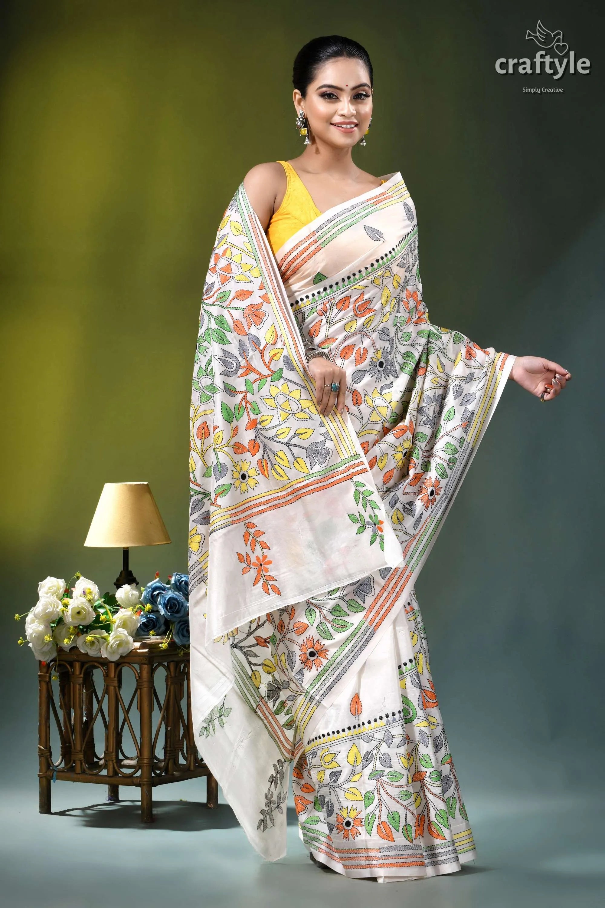 Floral white multicolor thread silk kantha stitch saree woman wears white saree adorned 5