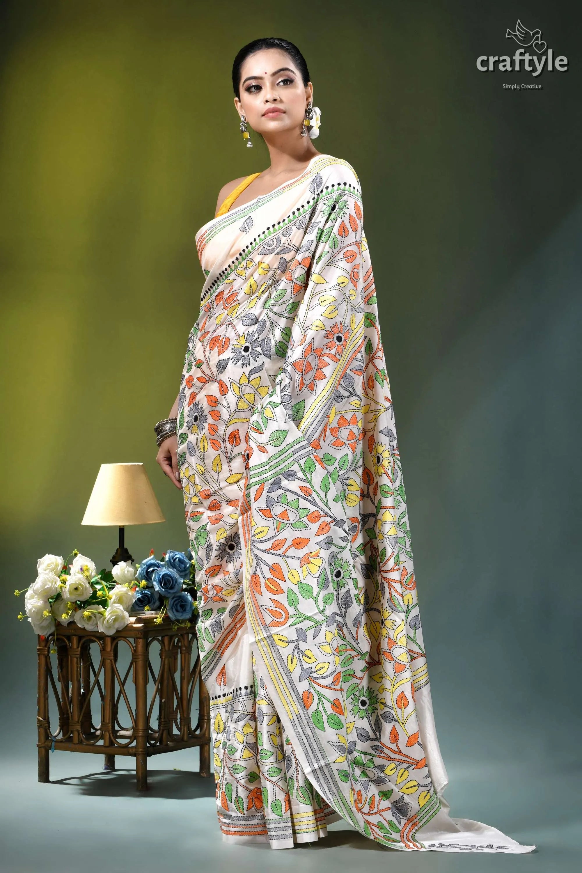 Floral white multicolor thread silk kantha stitch saree woman wears white silk saree 4