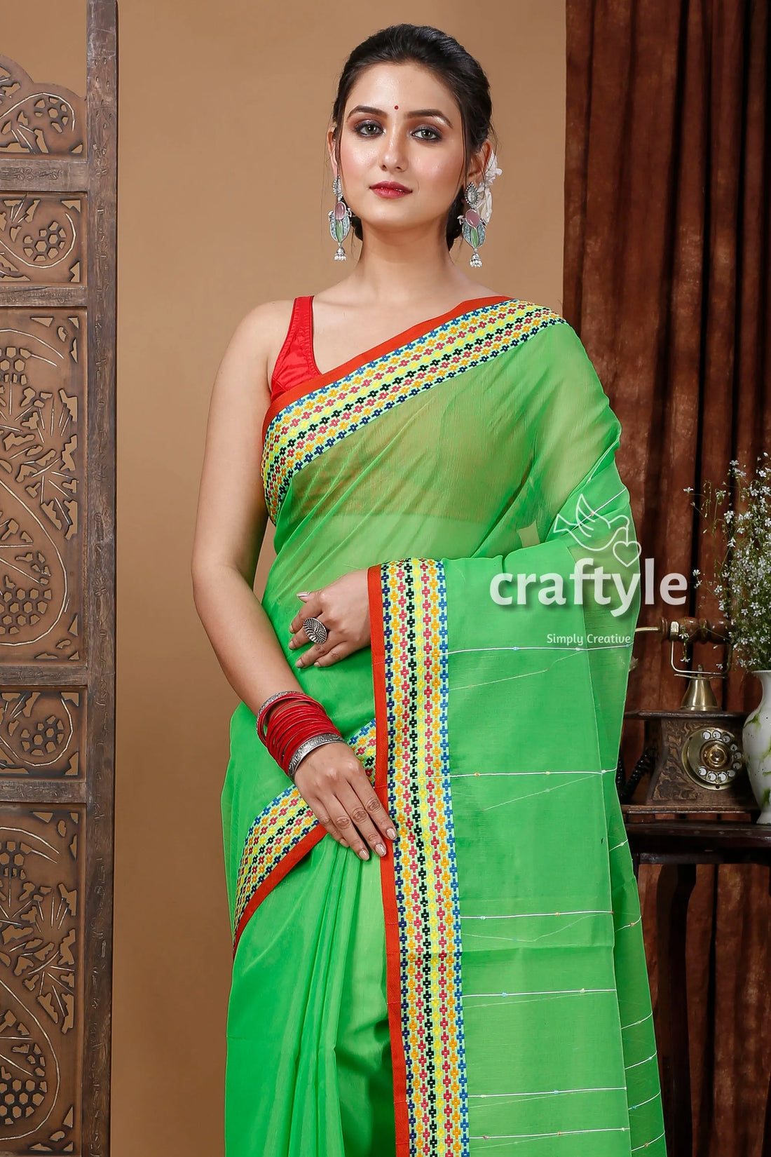 Fluorescent green woven border handloom cotton saree colorful 2