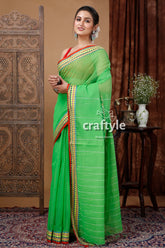 Fluorescent green woven border handloom cotton saree green saree decorative border 4