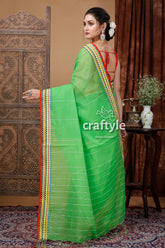 Fluorescent Green Woven Border Handloom Cotton Saree-Craftyle