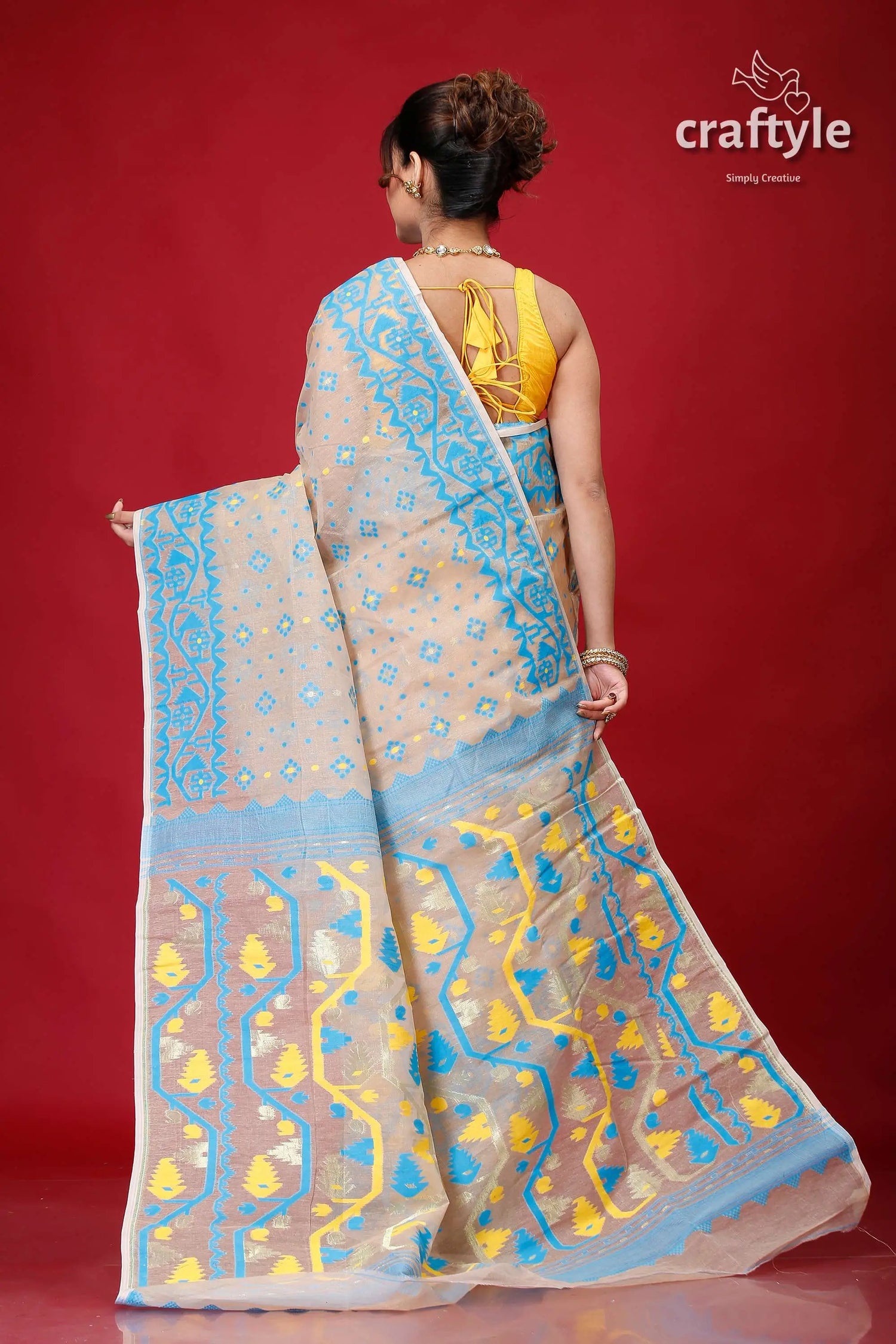 Foggy gray finest jamdani sari woman light-colored saree blue yellow 5