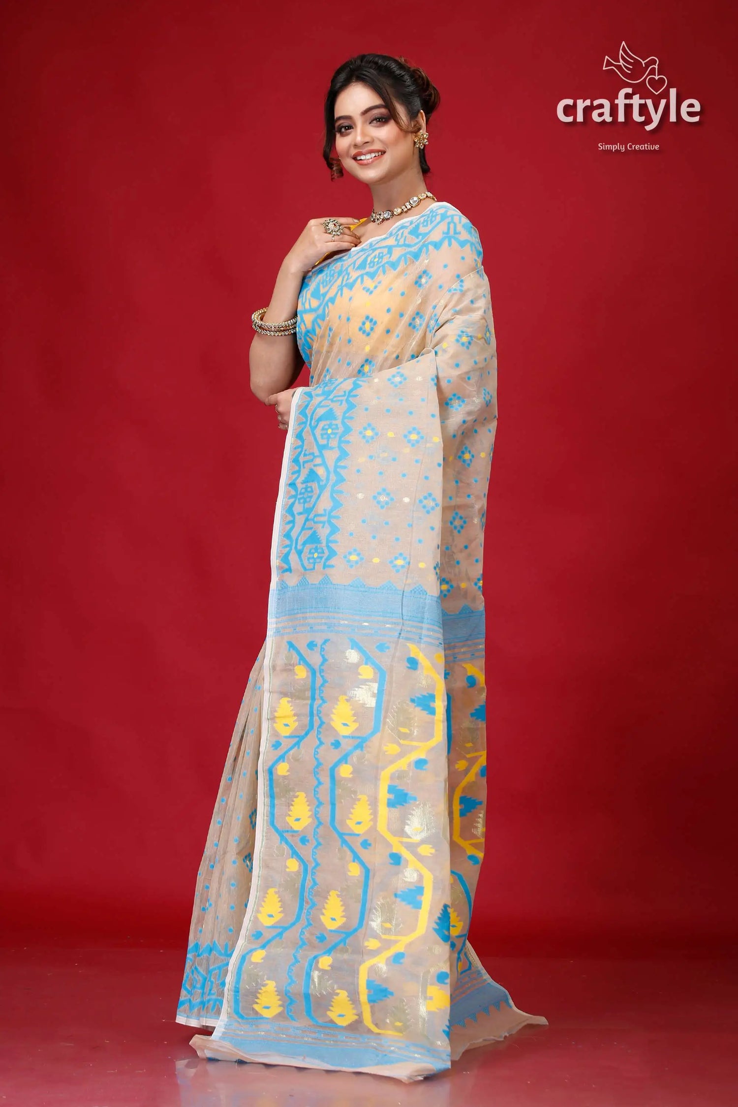 Foggy gray finest jamdani sari woman light-colored saree blue yellow 3