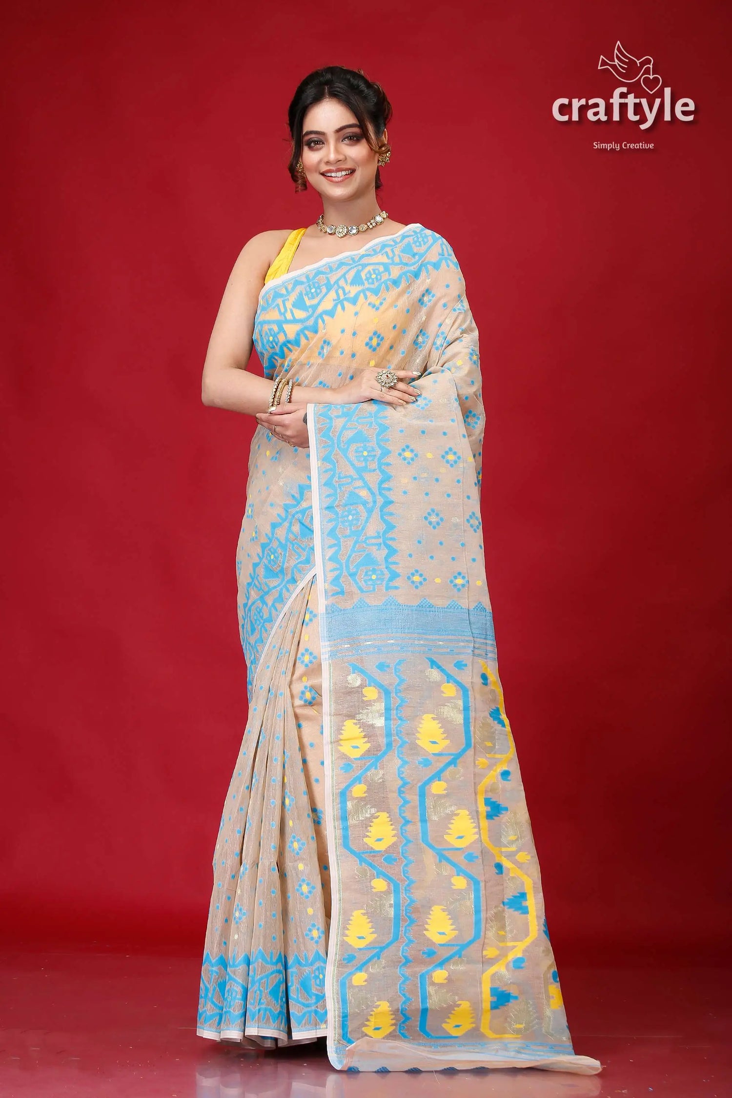 Foggy gray finest jamdani sari woman beige blue saree 1