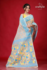 Foggy gray finest jamdani sari woman beige blue saree 4