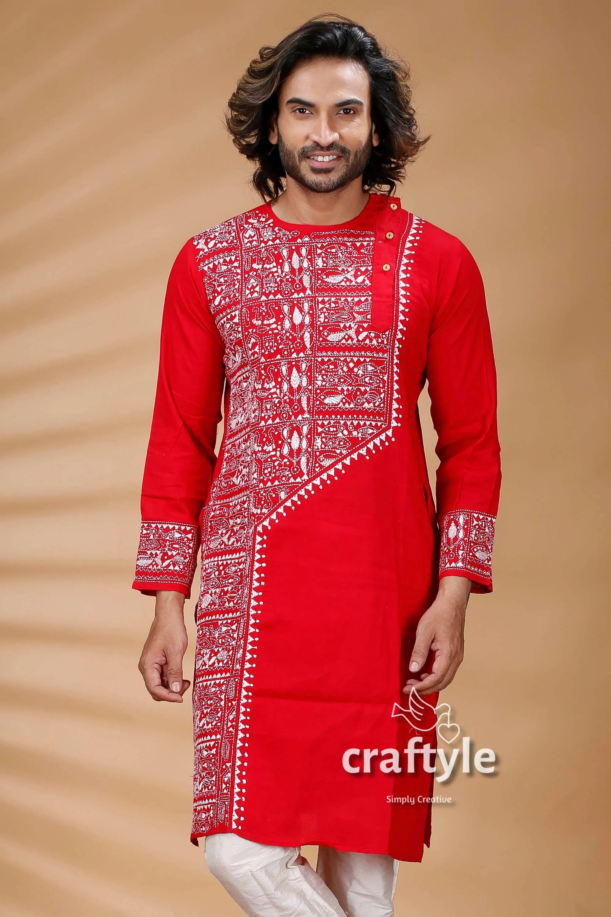 Folk design red kantha stitch designer cotton panjabi for men kurta intricate white 2